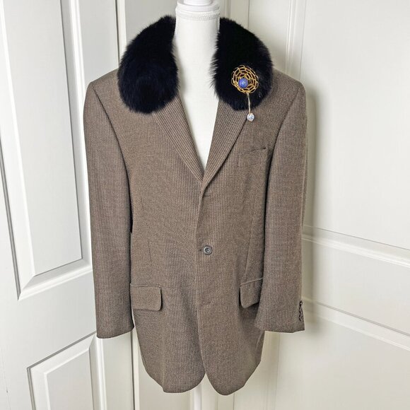 Vintage Wool Blazer w/ Detachable Mobwife Collar & Handmade Brooch, Oversized/XL - Picture 3 of 7